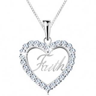 Strieborný 925 náhrdelník, zirkónový obrys srdca, nápis Faith, tenká retiazka