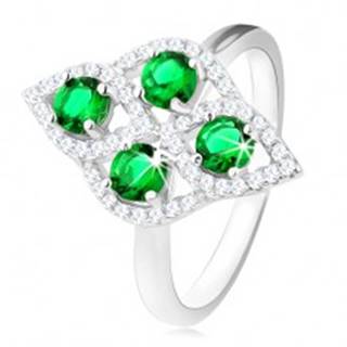 Strieborný prsteň 925, oblý kosoštvorec, štyri okrúhle zelené zirkóny, číry lem - Veľkosť: 49 mm