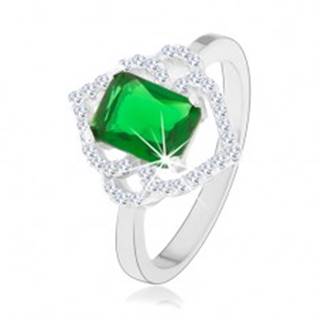 Strieborný prsteň 925, zelený obdĺžnikový zirkón, číre obrysy lístkov, oblúčiky - Veľkosť: 49 mm
