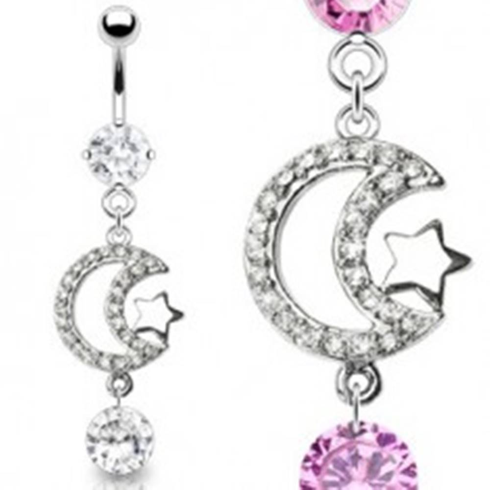 Šperky eshop Luxusný piercing brucha zirkónový mesiac a lesklá hviezda - Farba zirkónu: Číra - C
