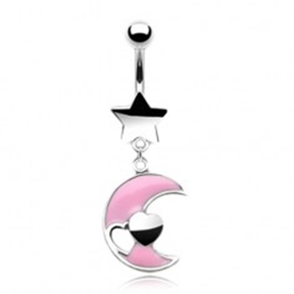 Šperky eshop Oceľový piercing do pupku - ružový mesiačik so srdiečkami
