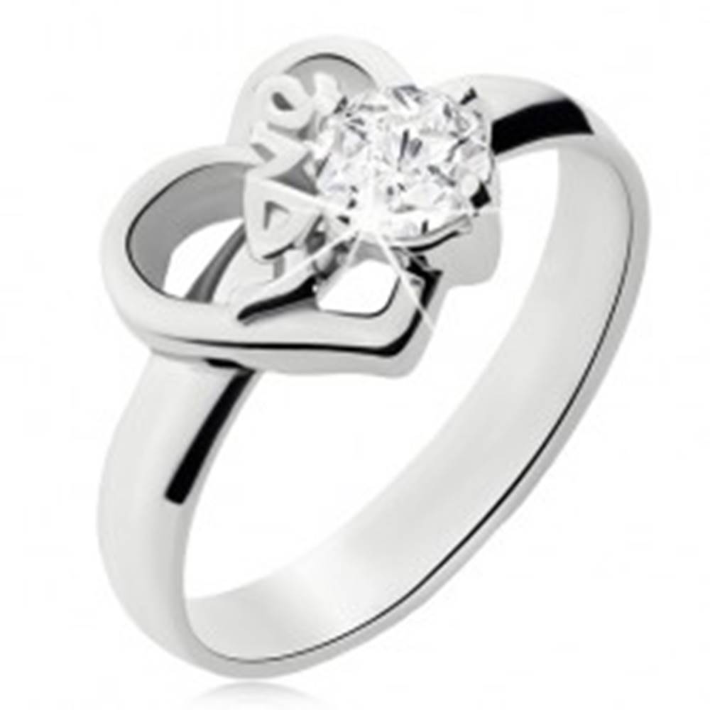 Šperky eshop Oceľový prsteň s čírym kamienkom, obrys nesúmerného srdca, Love - Veľkosť: 49 mm