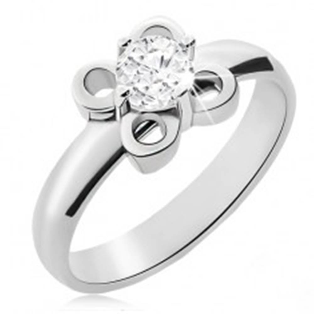 Šperky eshop Oceľový prsteň striebornej farby, kvietok s čírym zirkónom - Veľkosť: 49 mm