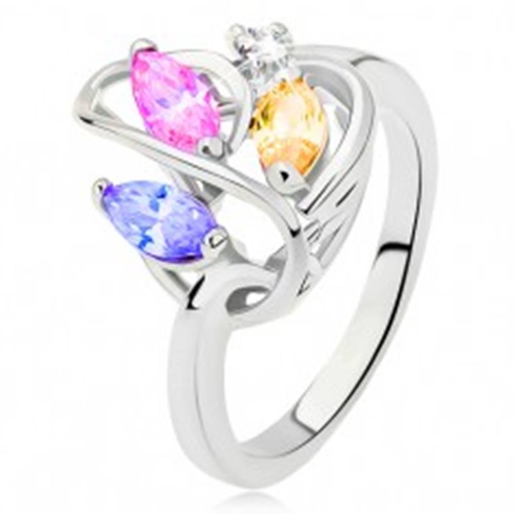 Šperky eshop Prsteň striebornej farby, línia srdca, farebné zirkóny, číry kamienok - Veľkosť: 49 mm