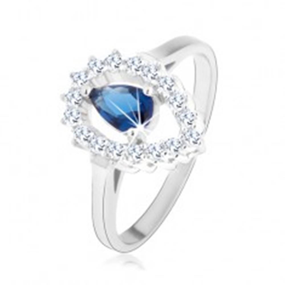 Šperky eshop Prsteň, striebro 925, číra kontúra obrátenej kvapky s modrou zirkónovou slzou - Veľkosť: 50 mm