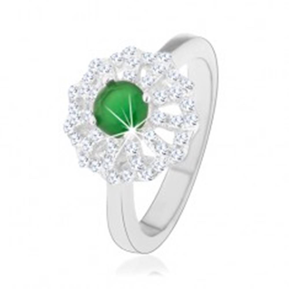 Šperky eshop Prsteň zo striebra 925, kvet s obrysmi čírych lupeňov, zelený zirkónový stred - Veľkosť: 49 mm