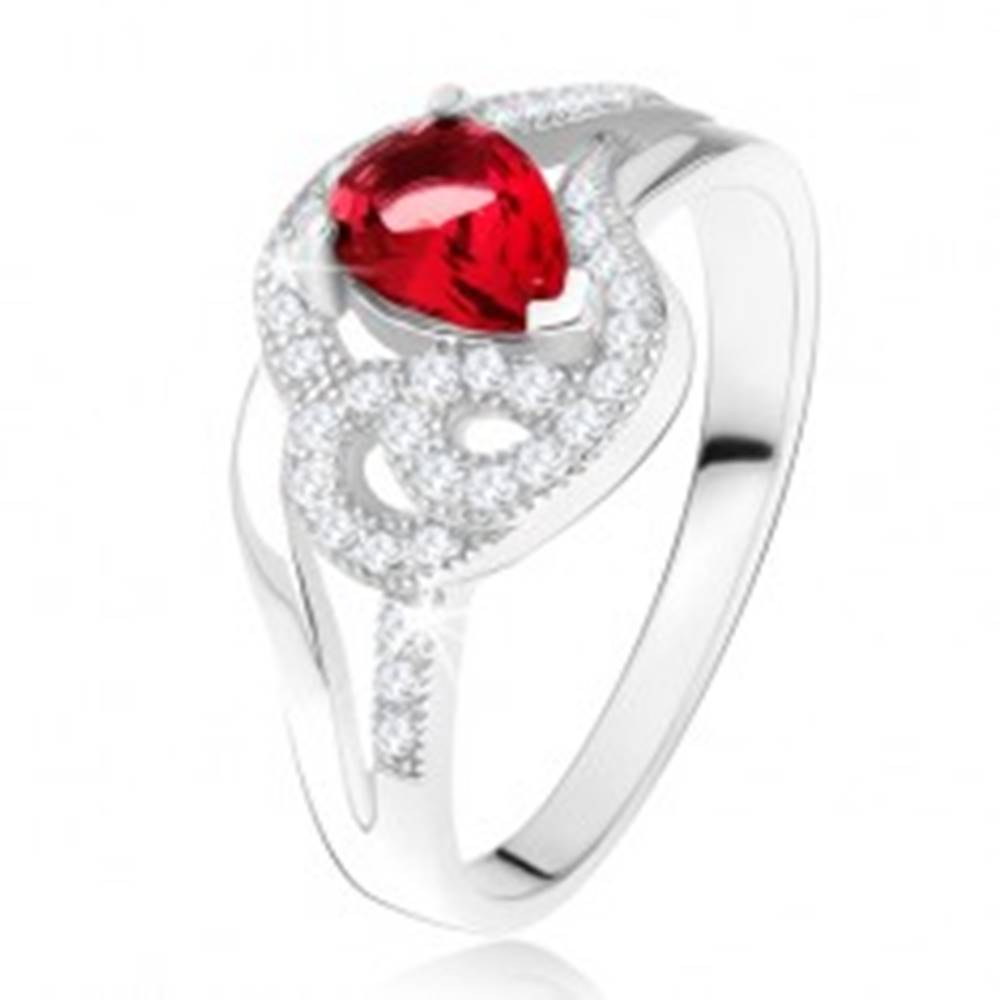Šperky eshop Prsteň zo striebra 925, rubínový slzičkový kameň, zvlnené zirkónové línie - Veľkosť: 49 mm