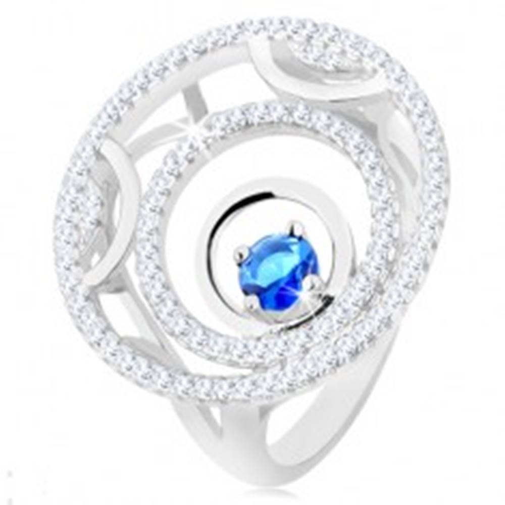 Šperky eshop Prsteň zo striebra 925, tri kruhy, lesklé a trblietavé línie, okrúhly modrý zirkón - Veľkosť: 49 mm