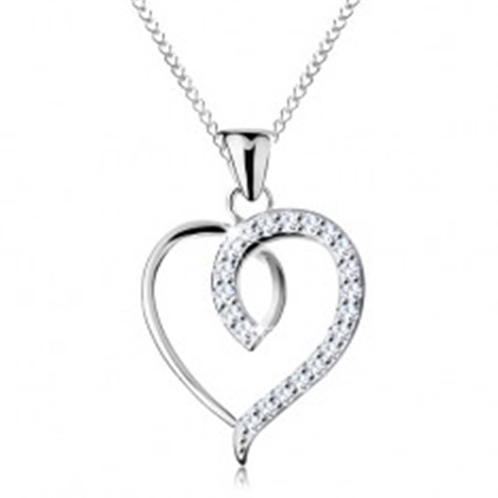 Šperky eshop Strieborný 925 náhrdelník, nesúmerný obrys srdca s trblietavou polovicou