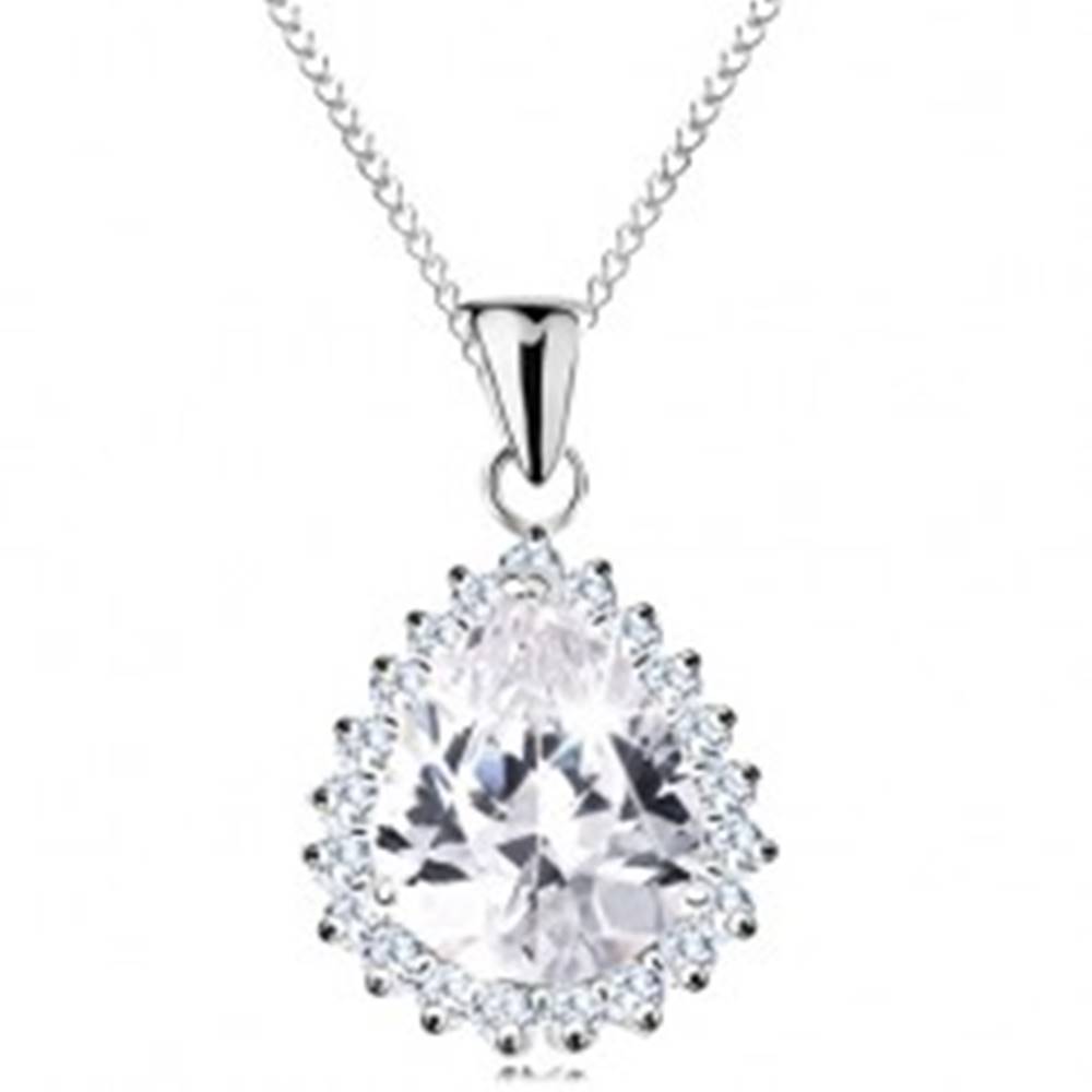Šperky eshop Strieborný náhrdelník 925, veľká brúsená kvapka čírej farby, ligotavý lem