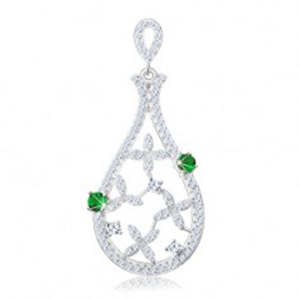 Šperky eshop Strieborný prívesok 925, obrys kvapky zdobený čírymi kvetmi, zelené zirkóny