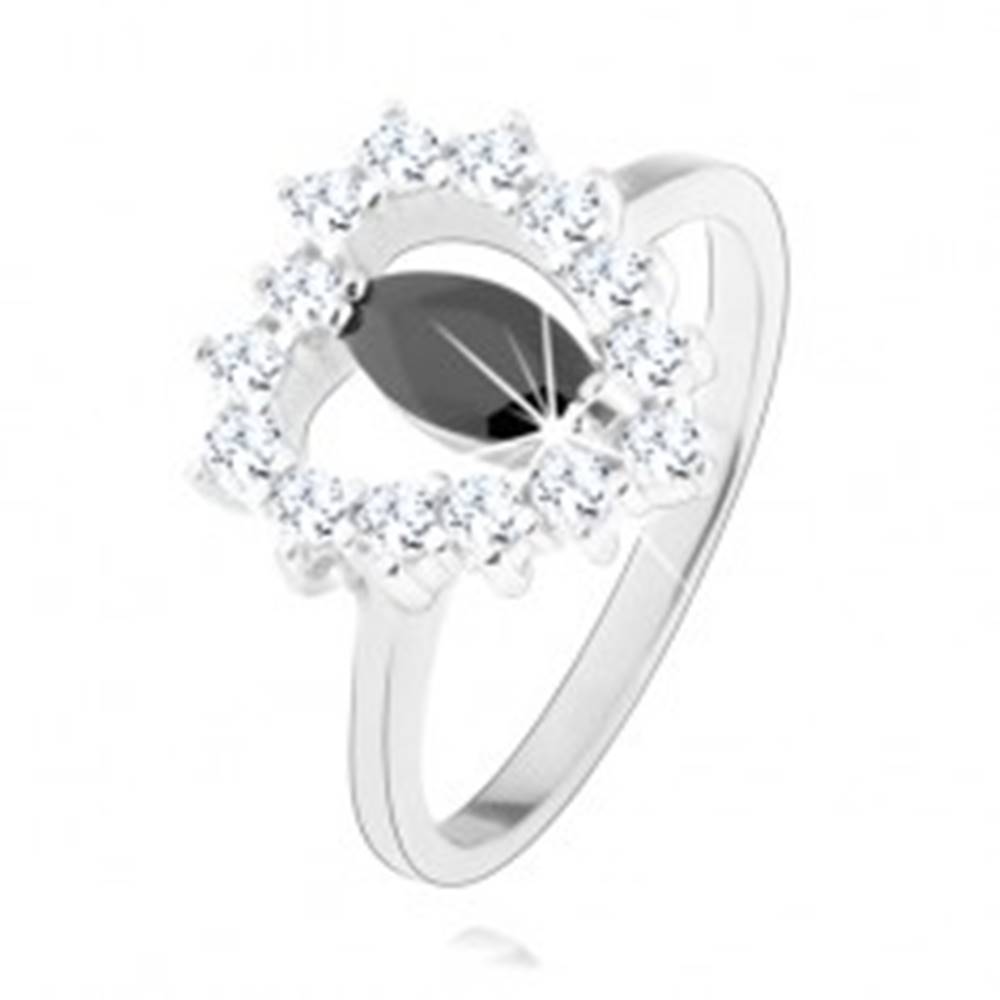 Šperky eshop Strieborný prsteň 925, čierny zirkón - zrnko, srdcový obrys, číre zirkóny - Veľkosť: 49 mm