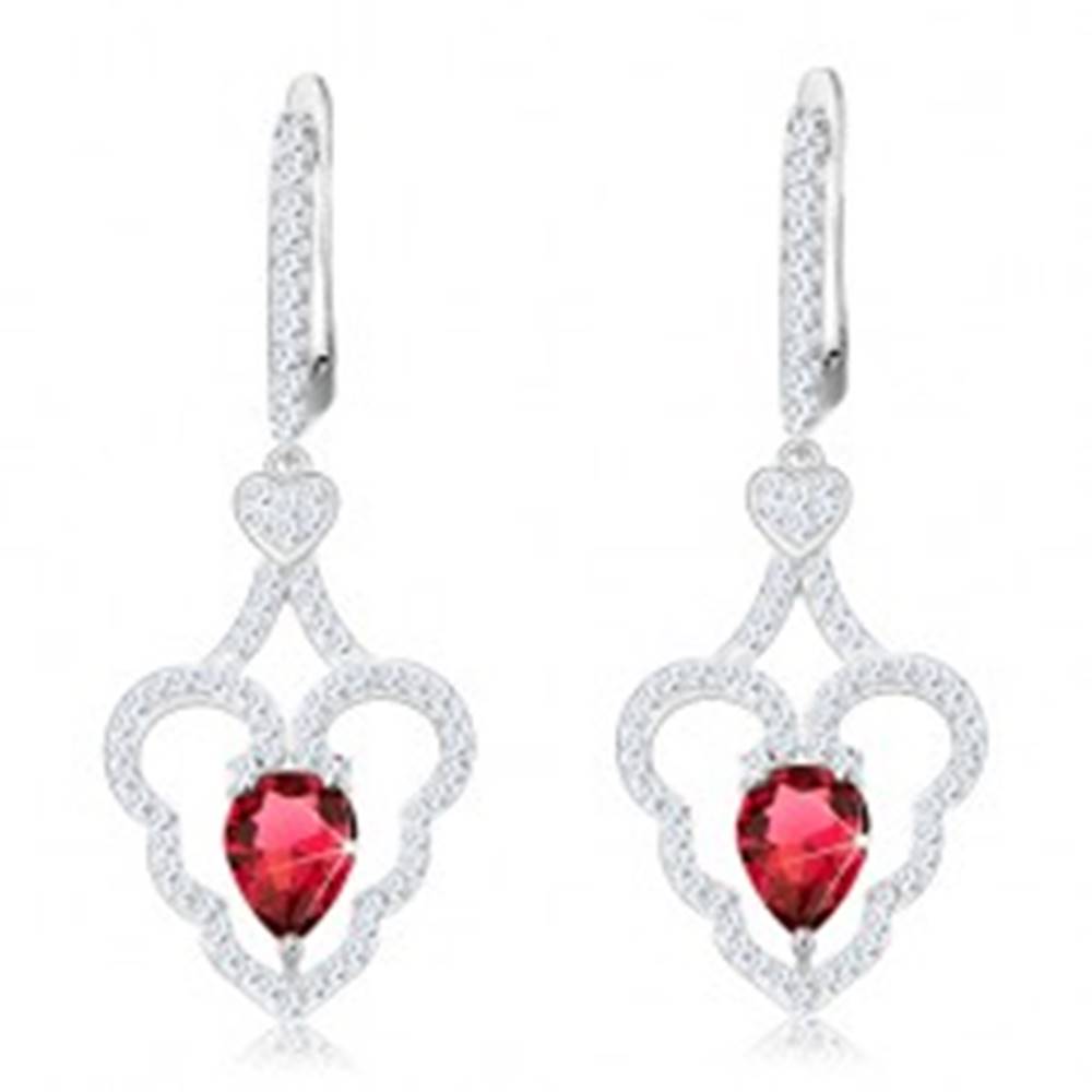 Šperky eshop Trblietavé náušnice, striebro 925, zvlnený obrys srdca, ružová kvapka