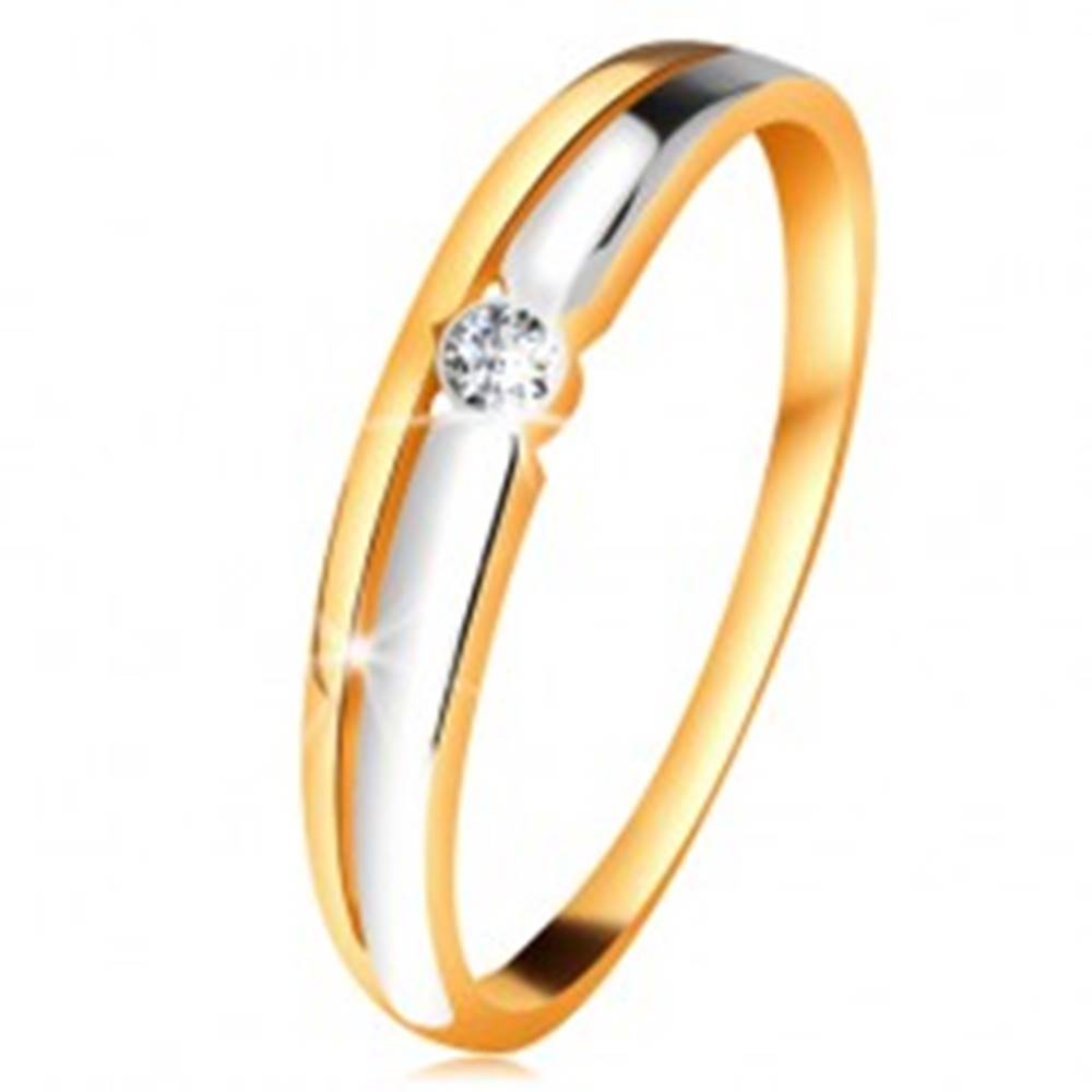 Šperky eshop Briliantový prsteň zo 14K zlata - číry diamant v okrúhlej objímke, dvojfarebné línie - Veľkosť: 49 mm