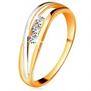 Briliantový prsteň zo 14K zlata, zvlnené dvojfarebné línie ramien, tri číre diamanty - Veľkosť: 49 mm