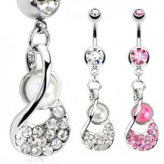 Oceľový piercing do pupku - lastúra s perlovou korálkou a zirkónmi - Farba zirkónu: Číra - C