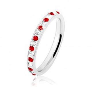 Oceľový prsteň striebornej farby, číre a červené zirkóniky, biela glazúra - Veľkosť: 49 mm