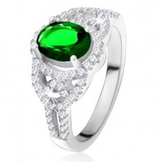Prsteň - oválny zelený zirkón, lem, zaoblené línie, číre kamienky, striebro 925 - Veľkosť: 49 mm