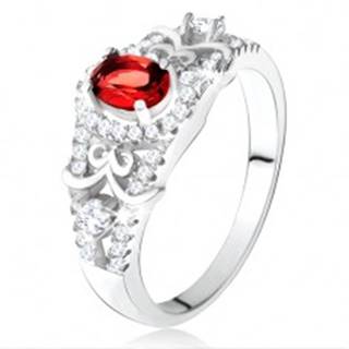 Strieborný 925 prsteň, oválny červený zirkón s čírym lemom, ozdobné línie - Veľkosť: 50 mm