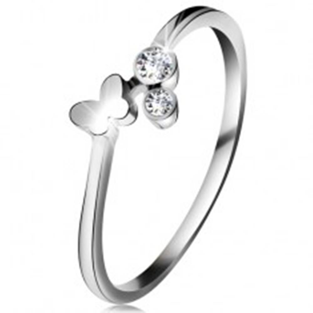 Šperky eshop Diamantový prsteň z bieleho 14K zlata - dva číre brilianty, lesklý motýlik - Veľkosť: 49 mm