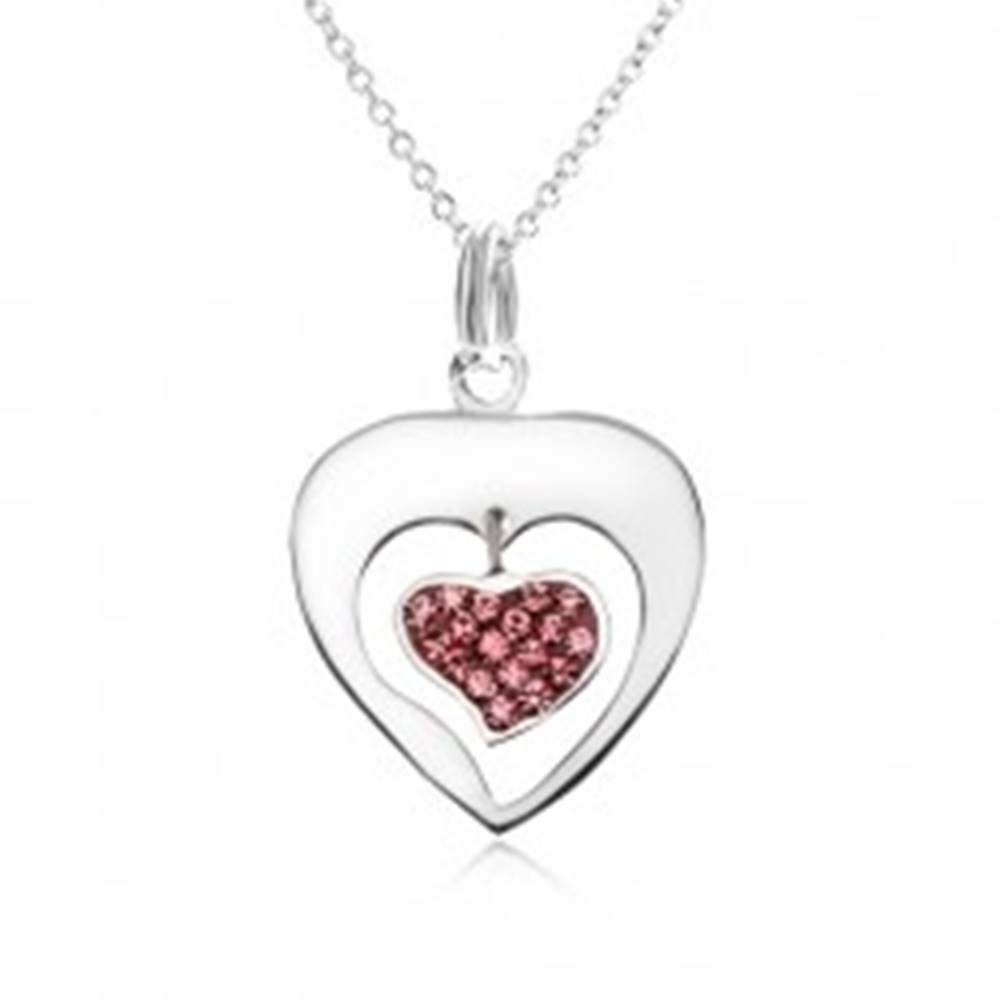 Šperky eshop Náhrdelník - retiazka, obrys srdca, srdce, ružové zirkóniky, striebro 925