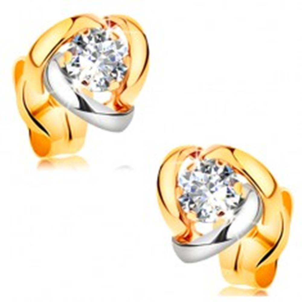 Šperky eshop Náušnice v 14K zlate - žiarivý číry briliant lemovaný dvojfarebnými oblúkmi