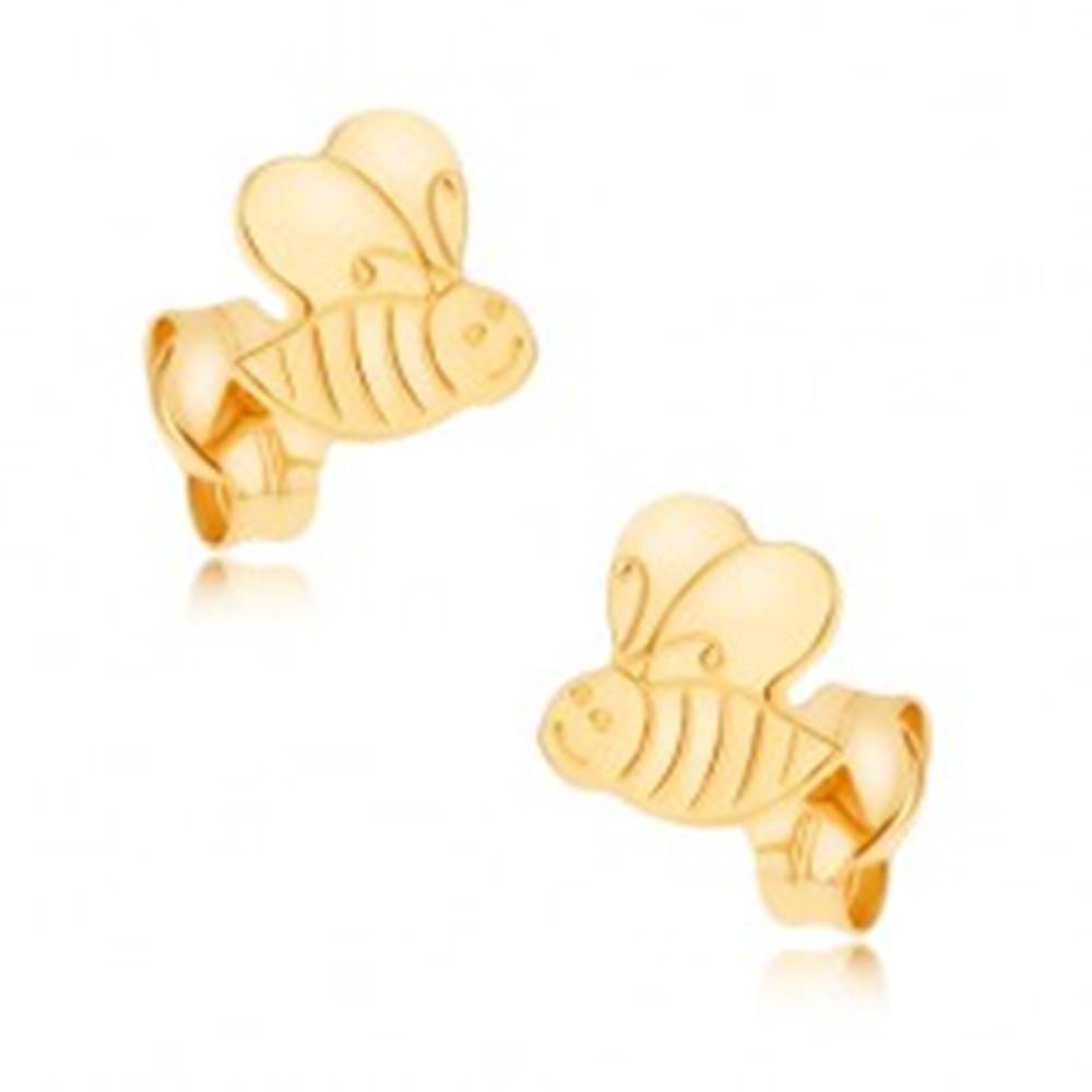 Šperky eshop Náušnice v žltom 9K zlate - ligotavá ozdobne gravírovaná včielka
