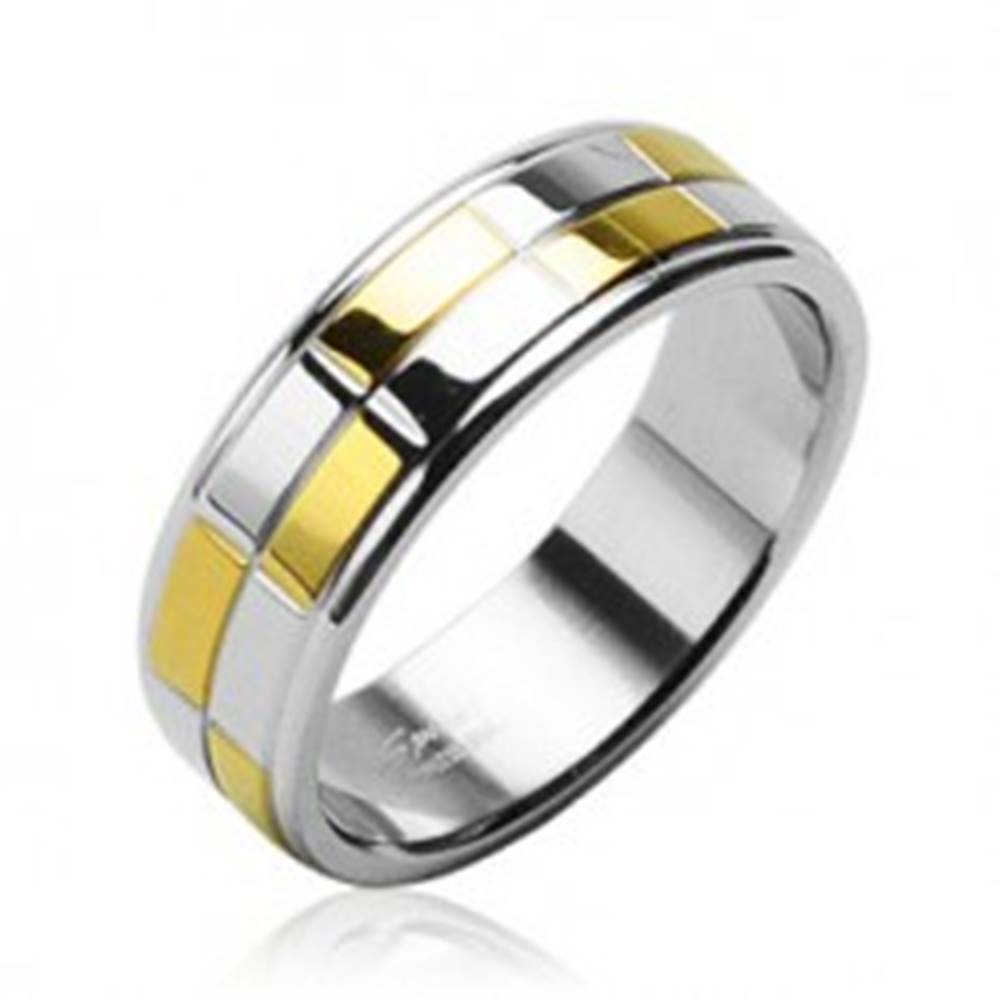 Šperky eshop Oceľová obrúčka s lesklými obdĺžnikmi zlatej a striebornej farby - Veľkosť: 48 mm
