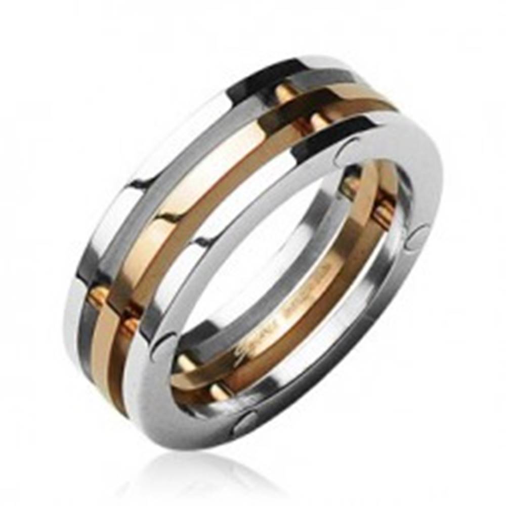Šperky eshop Oceľový prsteň trojitý stredný pruh zlatej farby - Veľkosť: 50 mm