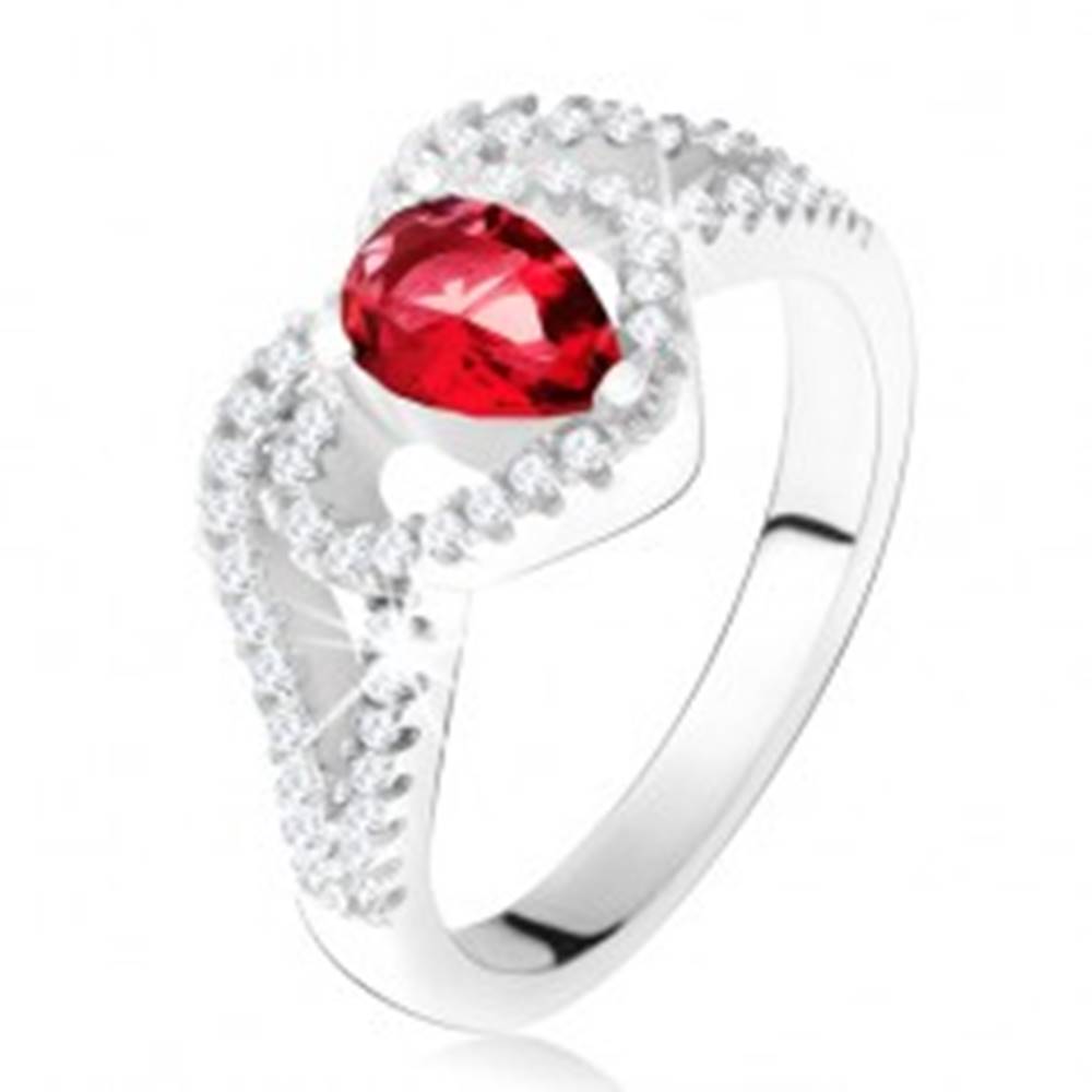 Šperky eshop Prsteň s rubínovým zirkónom a čírou kontúrou srdca, striebro 925 - Veľkosť: 50 mm