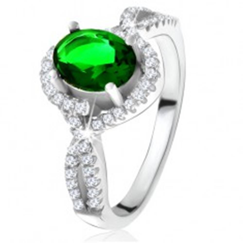 Šperky eshop Prsteň - striebro 925, zaoblené línie, číre zirkóniky, oválny zelený kameň - Veľkosť: 50 mm