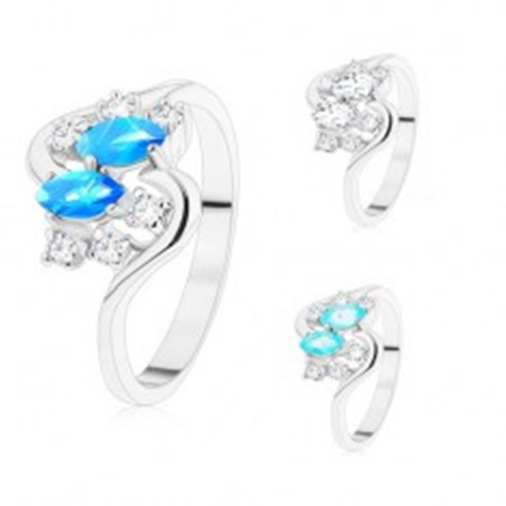 Šperky eshop Prsteň v striebornom odtieni, dve farebné zrnká a okrúhle zirkóny čírej farby - Veľkosť: 48 mm, Farba: Modrá