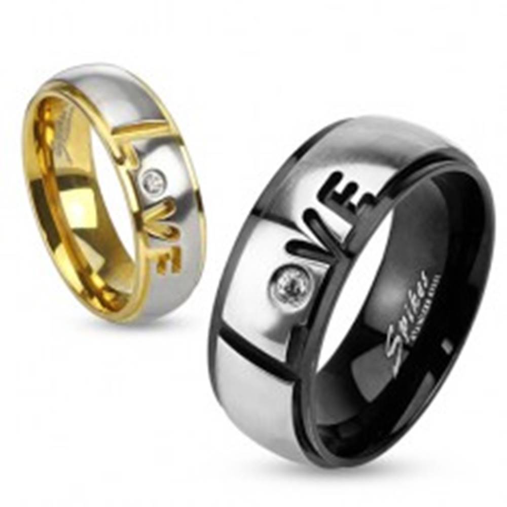 Šperky eshop Prsteň z ocele 316L, čierna a strieborná farba, nápis Love, číry zirkón, 8 mm - Veľkosť: 59 mm
