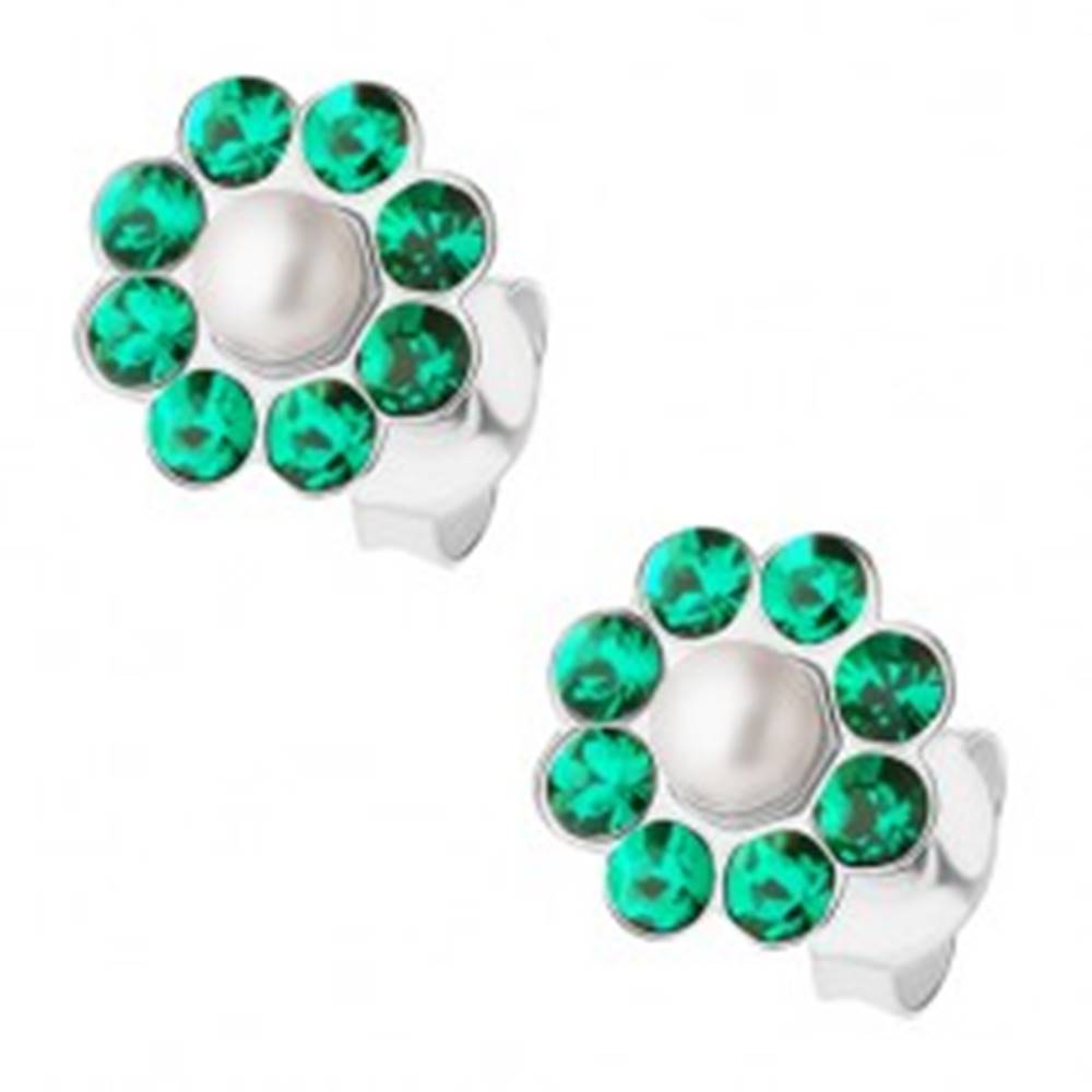Šperky eshop Puzetové náušnice - striebro 925, kvet s perličkou a zelenými krištálmi Preciosa