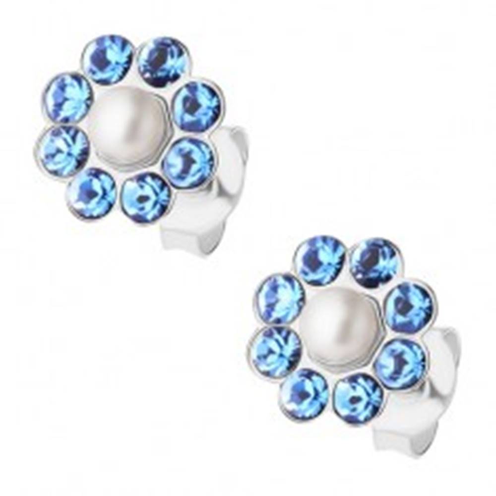 Šperky eshop Puzetové náušnice, striebro 925, modrý ligotavý kvietok, biela perlička