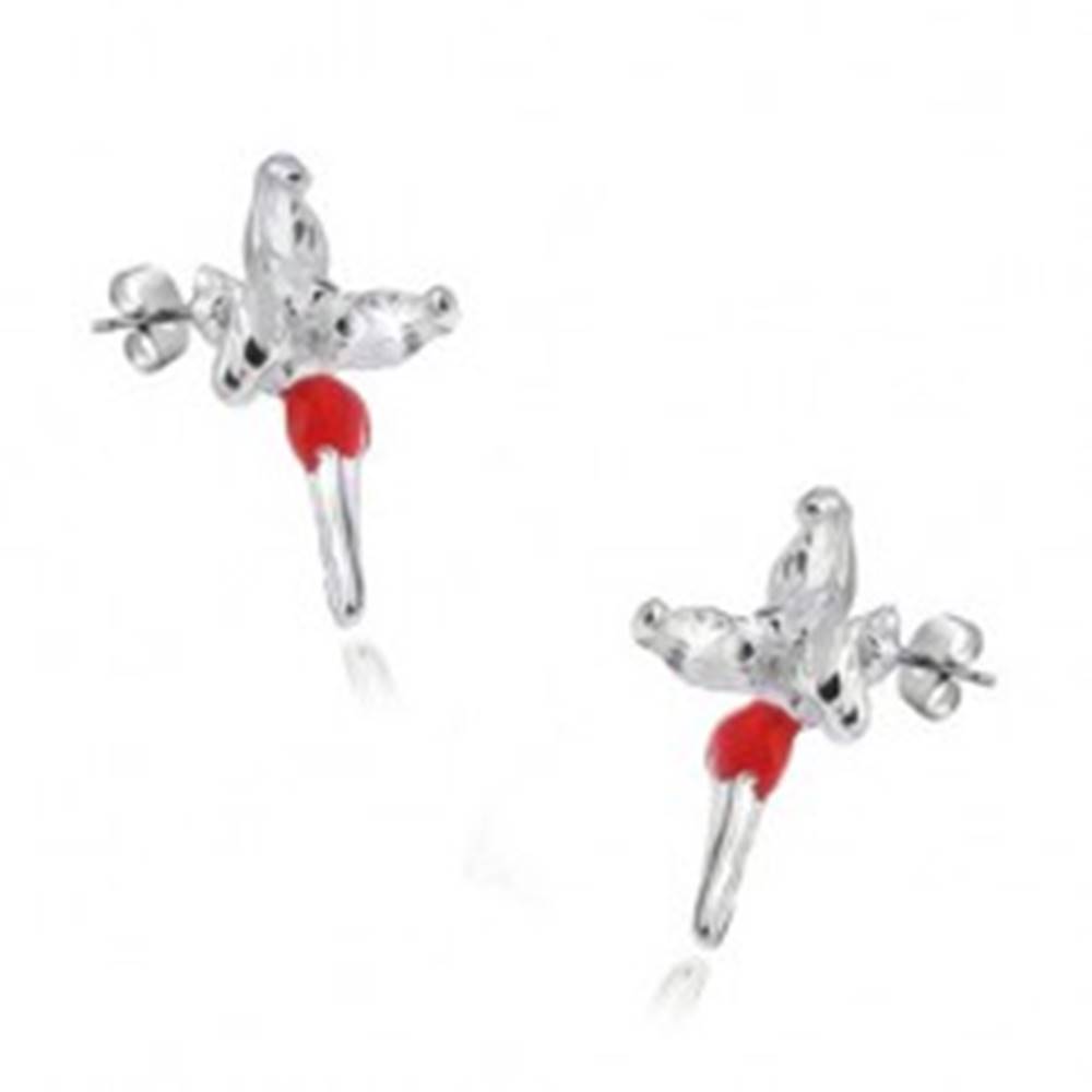 Šperky eshop Puzetové náušnice - striebro 925,  víla s červenou sukničkou a zirkónmi na krídlach