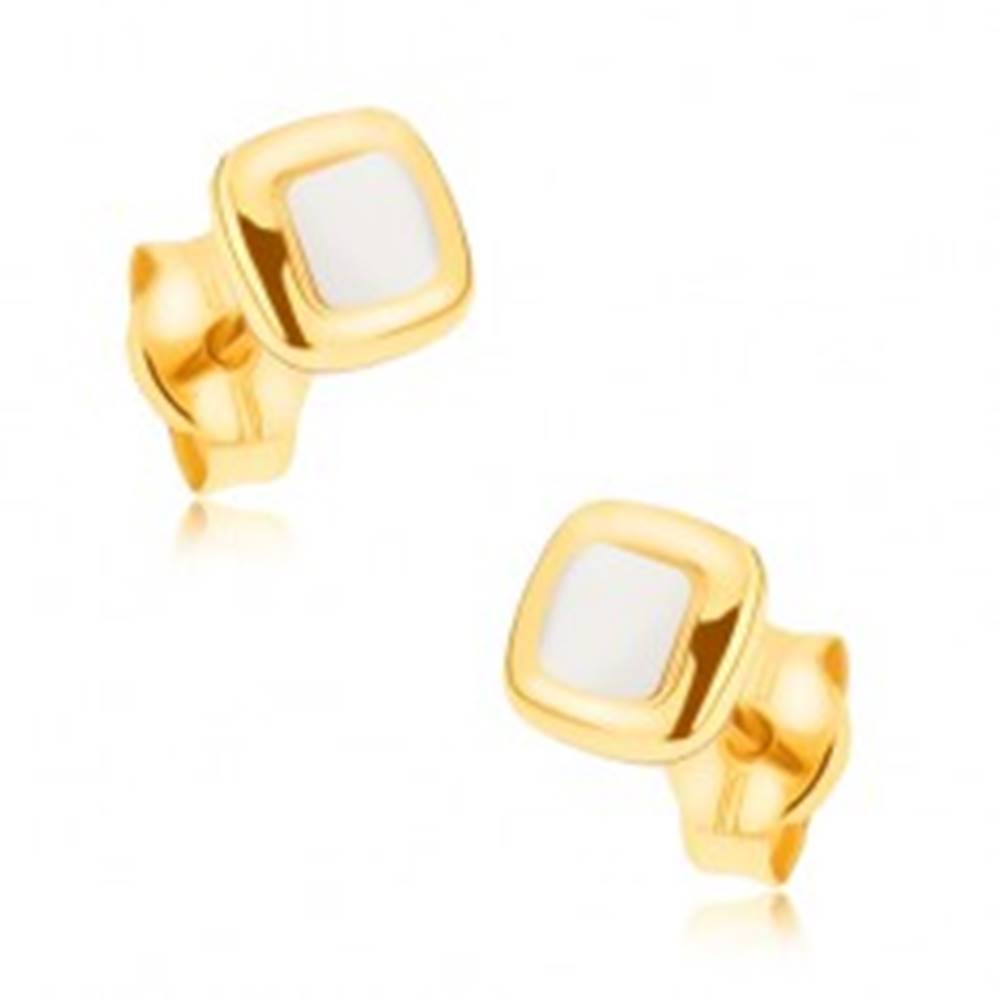 Šperky eshop Ródiované náušnice z 9K zlata - mierne vypuklé dvojfarebné štvorce