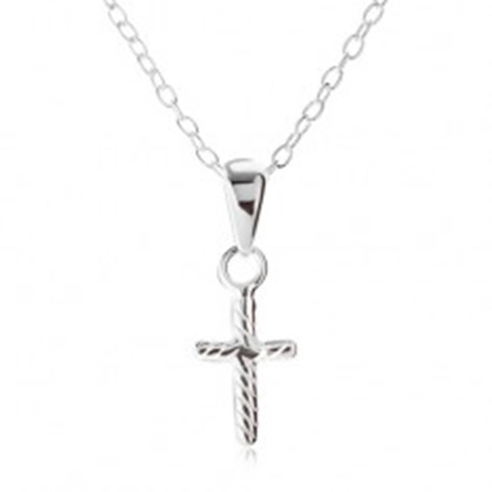 Šperky eshop Strieborný 925 náhrdelník, retiazka z oválnych očiek, latinský kríž, šikmé prúžky