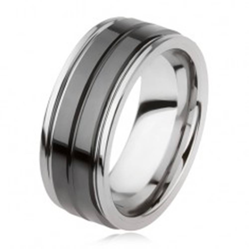 Šperky eshop Wolfrámový prsteň s lesklým čiernym povrchom a zárezom, strieborná farba - Veľkosť: 49 mm