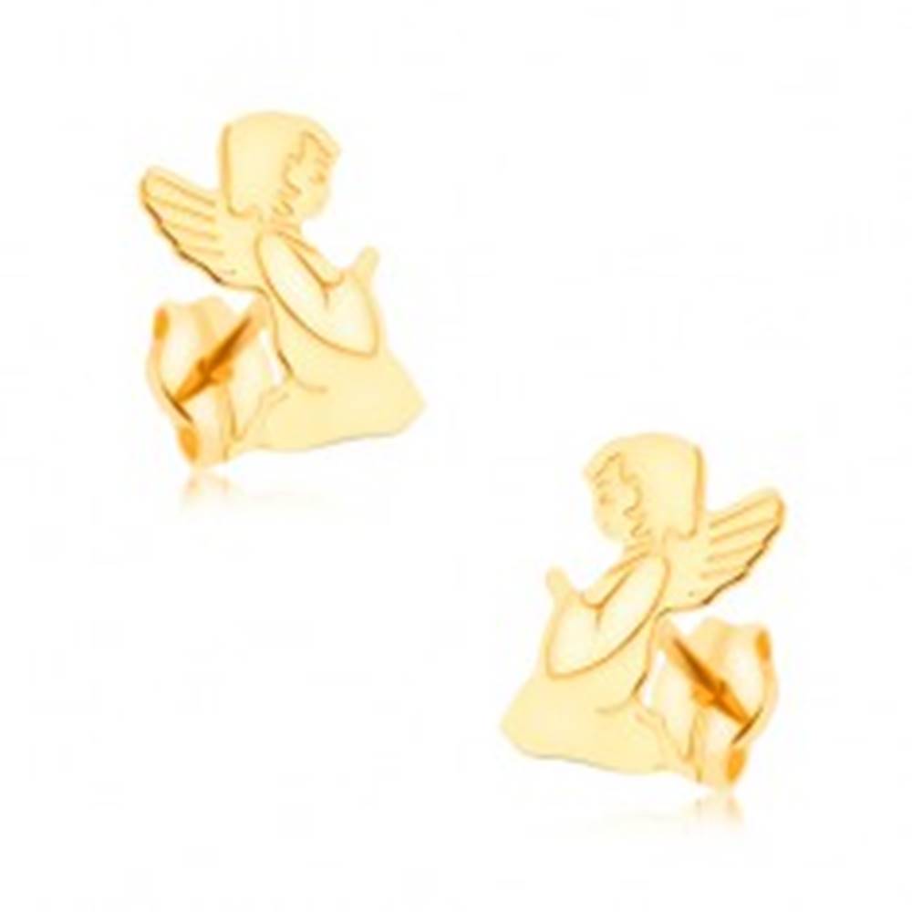 Šperky eshop Zlaté náušnice 375 - gravírovaný modliaci sa anjelik, zrkadlový lesk