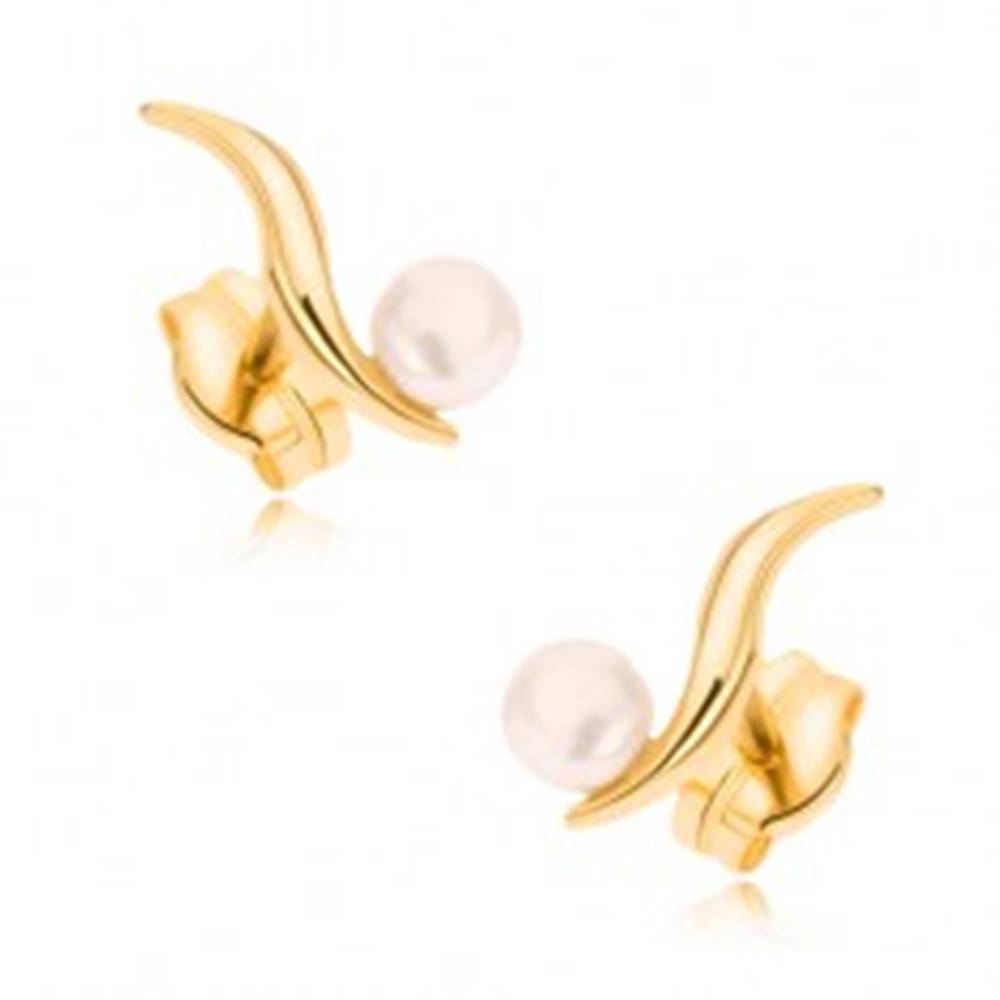 Šperky eshop Zlaté náušnice 375 - lesklá tenká zvlnená línia, biela perla
