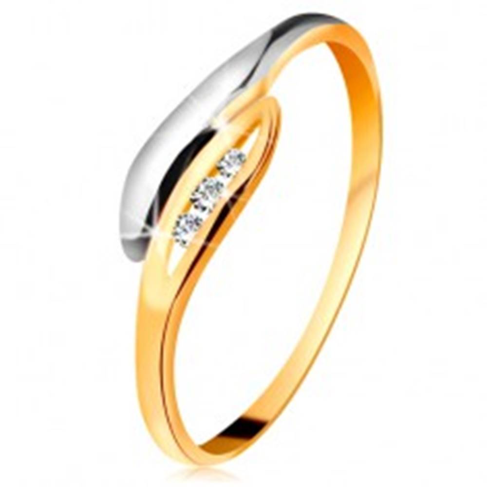 Šperky eshop Zlatý diamantový prsteň 585 - dvojfarebné zahnuté lístočky, tri číre brilianty - Veľkosť: 49 mm
