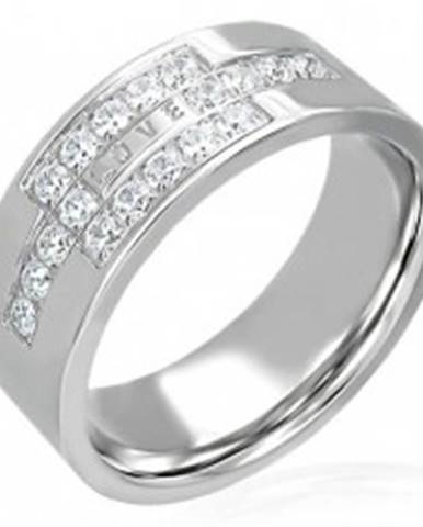 Oceľový prsteň so zirkónmi a nápisom LOVE - Veľkosť: 49 mm