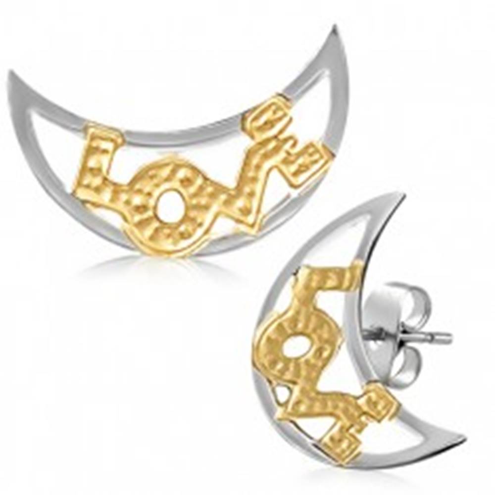 Šperky eshop Dvojfarebné náušnice z ocele - polmesiace s nápisom LOVE