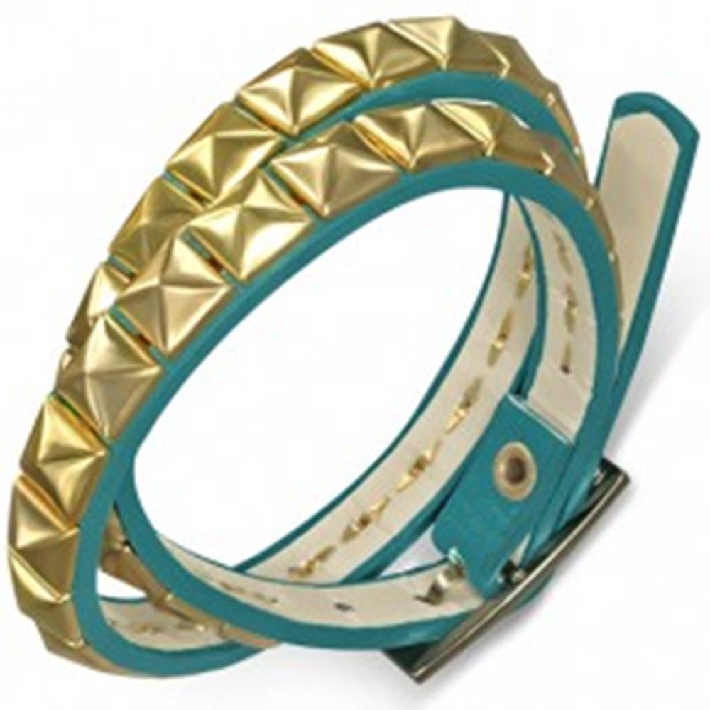 Šperky eshop Koženkový dvojitý náramok - modrý opasok s pyramídkami v zlatej farbe
