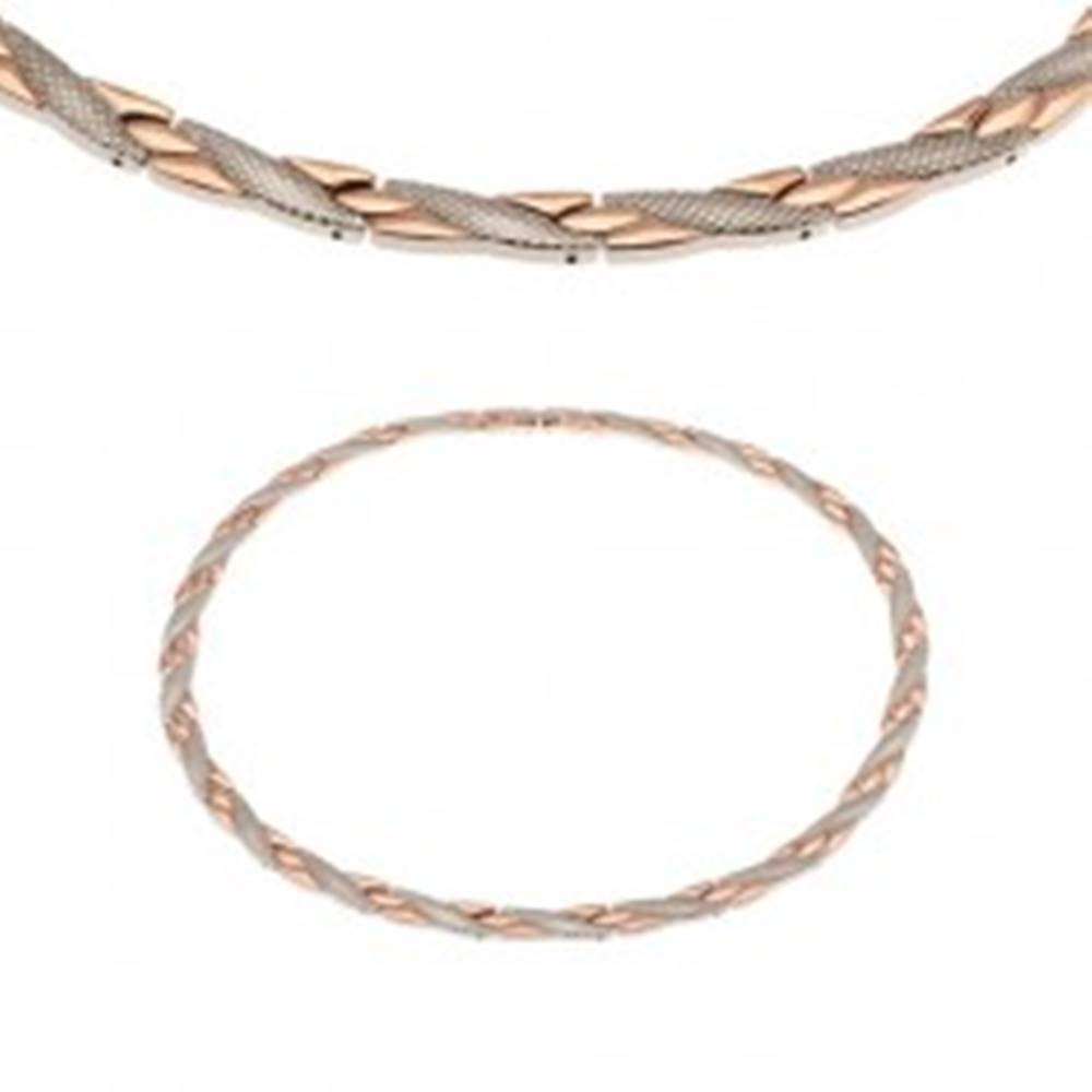 Šperky eshop Magnetický náhrdelník z ocele 316L, medená a strieborná farba, šikmé pásiky