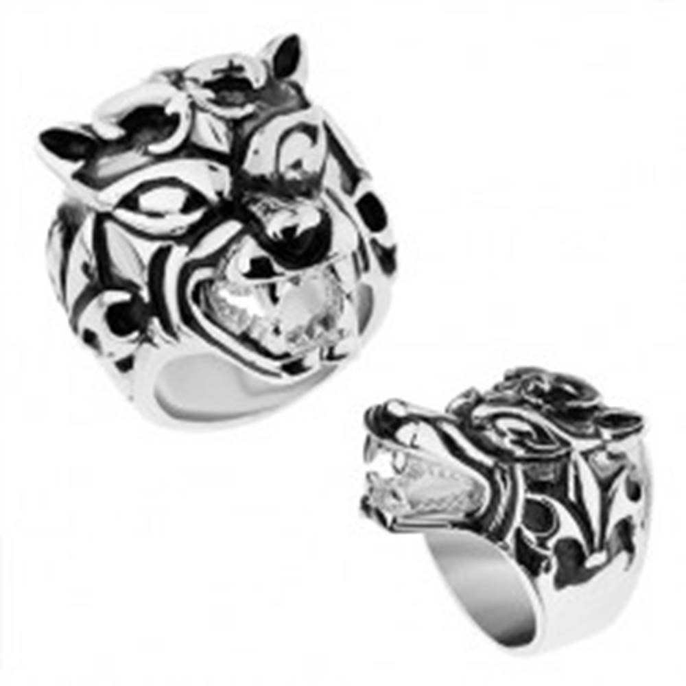 Šperky eshop Masívny prsteň z ocele 316L, vypuklý patinovaný vlk, Fleur de Lis - Veľkosť: 57 mm