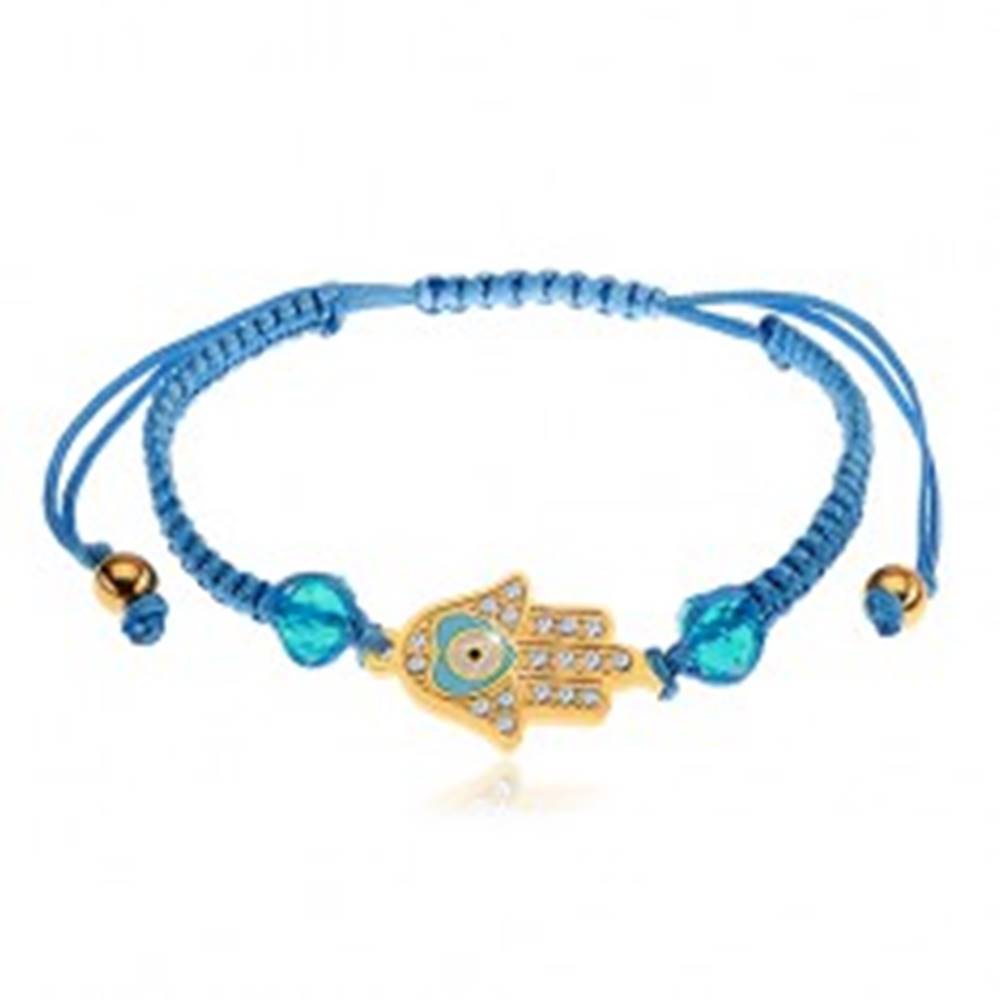 Šperky eshop Nastaviteľný náramok na ruku z modrých šnúrok, symbol Hamsa, číre zirkóny