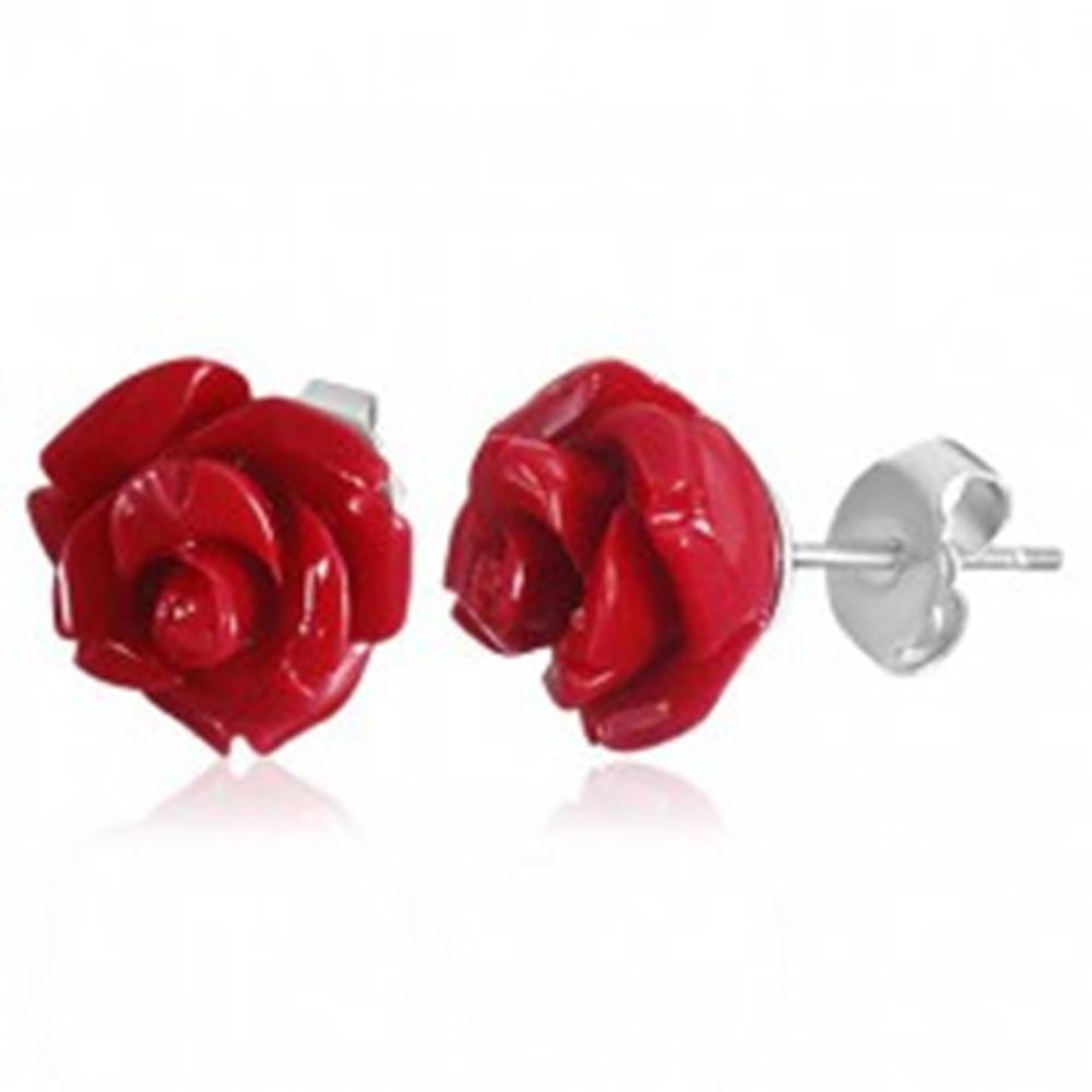 Šperky eshop Náušnice z chirurgickej ocele, koralovo červená rozkvitnutá ružička z akrylu