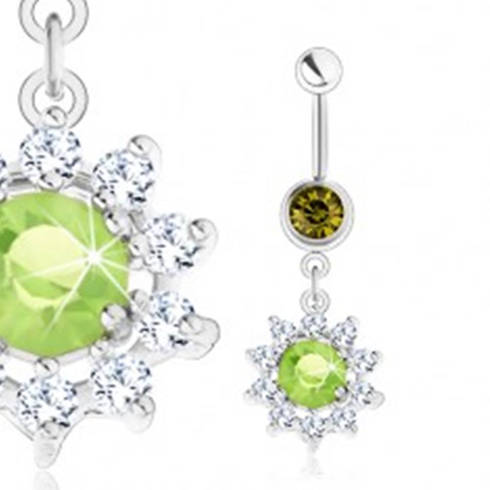 Šperky eshop Oceľový piercing do bruška, strieborná farba, kvet - zelený zirkón, číre lupene